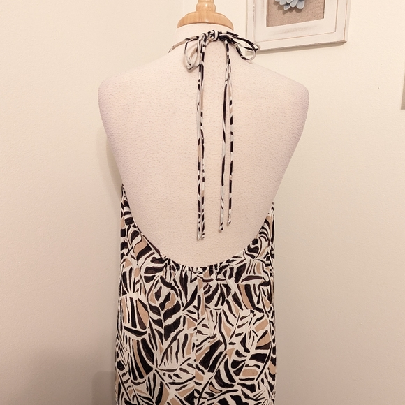 LOFT Beach Leafed Halter Ruffle Backless Maxi Dress Medium White Tan Brown - Picture 8 of 11
